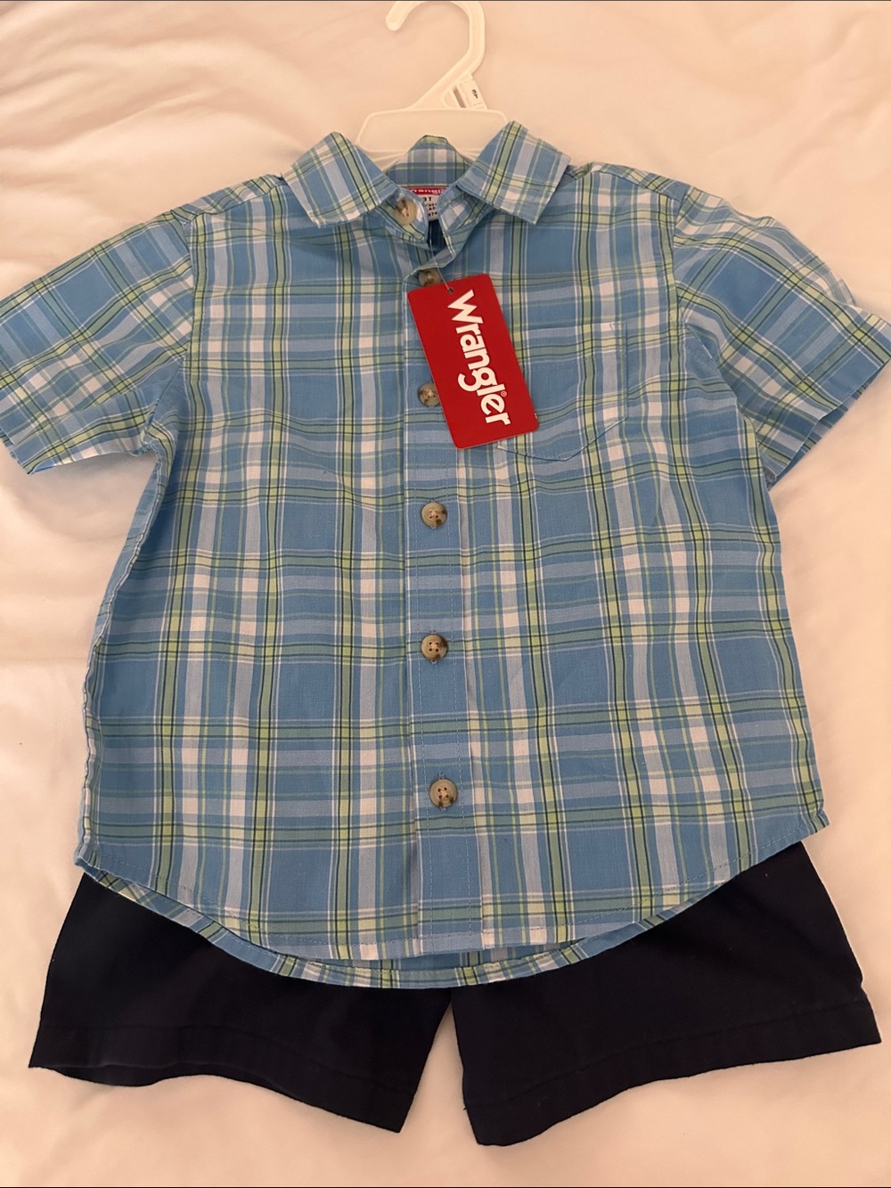 Wrangler Blue & Green Plaid Short-Sleeve Button Down Shirt